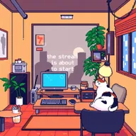 Create a pixel art room with a gaming computer displaying 'the stream is about to start'