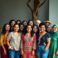 A diverse group of women from different backgrounds and cultures, standing together in a harmonious and empowering setting