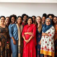 A diverse group of women from different backgrounds and cultures, standing together in a harmonious and empowering setting