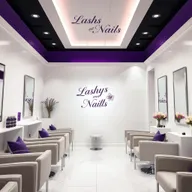 A nail salon with white walls and touches of purple and gray