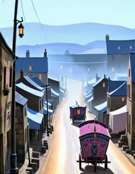 recreate this image. show gypsy caravan a bit further down the road.