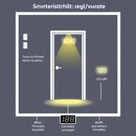 A visual representation of a smart lighting system, showing two infrared sensors by a door to count people entering and exiting a room