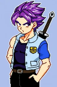Pixel character sprite portrait of Future Trunks from Dragon Ball Z, capturing his signature purple hair, stern expression, and iconic blue Capsule Corp jacket over a dark tank top
