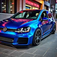 A highly customized and souped-up Golf GTI, featuring a sleek aerodynamic body kit, lowered suspension, and aggressive sports rims