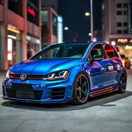 A highly customized and souped-up Golf GTI, featuring a sleek aerodynamic body kit, lowered suspension, and aggressive sports rims