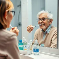 A close-up photograph of an elderly person sitting comfortably in front of a well-lit bathroom mirror, brushing their teeth with a soft-bristle toothbrush, guided by a smiling dental hygienist