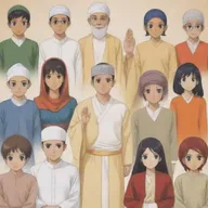 Generate anime characters representing Islam, Christianity, Hinduism, Catholicism, and Buddhism in a harmonious gathering, each displaying symbols or attire related to their respective religions
