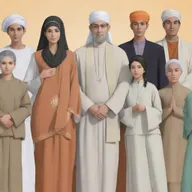 Generate anime characters representing Islam, Christianity, Hinduism, Catholicism, and Buddhism in a harmonious gathering, each displaying symbols or attire related to their respective religions