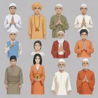 Generate adult anime characters representing Islam, Christianity, Hinduism, Catholicism, and Buddhism in a harmonious gathering, each displaying symbols or attire related to their respective religions