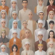 Generate adult anime characters representing Islam, Christianity, Hinduism, Catholicism, and Buddhism in a harmonious gathering, each displaying symbols or attire related to their respective religions