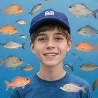 A teenage boy with a cap, surrounded by various fishes and birds.
