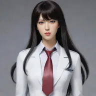 A realistic interpretation of Makise Kurisu from Steins Gate with glossy black hair and her signature outfit