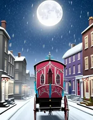 recreate this image. Keep the content the same. show a Victorian street at Christmas. It should be a night time scene. There should be snow on the street. There should be textile mills with big chimneys on either side of the road. There should be snow falling and the moon should be out. The street should be quiet and no people. The Gypsy Caravan should be in centre of picture and show the wheels of the caravan. The Gypsy Caravan should be a light blue color. The scene should be scary, gothic and cold and dark.