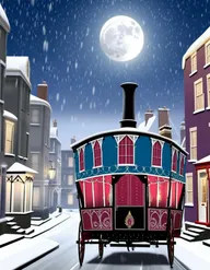 recreate this image. Keep the content the same. show a Victorian street at Christmas. It should be a night time scene. There should be snow on the street. There should be textile mills with big chimneys on either side of the road. There should be snow falling and the moon should be out. The street should be quiet and no people. The Gypsy Caravan should be in centre of picture and show the wheels of the caravan. The Gypsy Caravan should be a light blue color. The scene should be scary, gothic and cold and dark.
