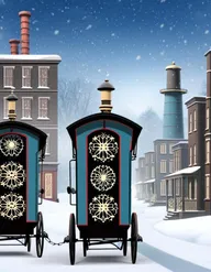 Victorian era factories, tall factory chimneys. The caravan in centre of image should have wheels. show night time. show snow falling. gothic looking buildings. no smoke. no people, no window light.