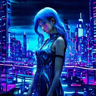 A hyper-realistic, unfiltered photograph of a techno-organic girl with glowing blue eyes and long, thick blue hair standing alone in a neon-lit cityscape. Her body is a blend of human and machine, exuding profound sadness yet undeniable beauty.