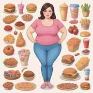 Cartoon depiction of a confident girl with a larger body type, who perceives herself as skinny, casually surrounded by an array of various delicious foods.