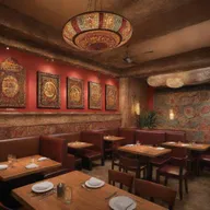 A lively restaurant designed with a 'Cultural Night' theme. Walls adorned with vibrant artwork from various cultures, warm ambient lighting, and tables set with culturally-themed dinnerware. Display a menu featuring dishes representing different cultures.