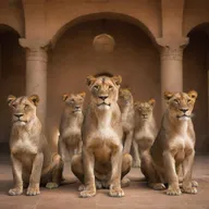 Generate an image depicting a 'lioness guild'. It features a group of powerful and majestic lionesses in a decorated, torch-lit meeting hall, symbolizing strength, unity and leadership. Various significant guild artifacts should also be present.