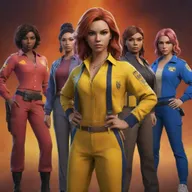 Generate an image of a 'Lion Guild Girls' team from the Free Fire game. This includes characters in colorful, distinctive gear representative of the game, identifying themselves as the 'Lion Guild.' Set within a vibrant and intense gaming environment.