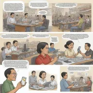 Create a thought-provoking political cartoon that visualizes the impact of expanding technology on Filipino society in the next five to ten years. Show significant changes in lifestyle, communication and work dynamics.