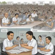 Create a thought-provoking political cartoon that visualizes the impact of expanding technology on Filipino society in the next five to ten years. Show significant changes in lifestyle, communication and work dynamics.