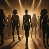 An ultra-realistic image of a lavish, dark rave party. The scene is filled with fashionable individuals in street style attire, absorbed in dance. Golden lights create a dynamic interplay of shadows and highlights, enhancing the luxurious atmosphere.