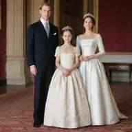 A young prince and princess standing proudly, with a stately king and queen subtly appearing in the background