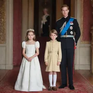A young prince and princess standing proudly, with a stately king and queen subtly appearing in the background