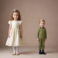 Portray a slightly enlarged figures of a cute little girl and a charming little prince standing side by side, conveying their childish innocence.