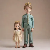 Portray a slightly enlarged figures of a cute little girl and a charming little prince standing side by side, conveying their childish innocence.