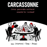 A vertical A4 poster invitation for a board game event featuring the game "Carcassonne"