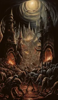 A nightmarish hellscape teeming with even more demented monsters inspired by Kentaro Miura. The terrain is filled with grotesque creatures engaged in acts of mutilation. The fiery pits, jagged mountains, and barren plains are a stage for their horrific spectacle. The infernal structures and crimson sky add to the terrifying scene.