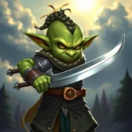 A goblin paladin from Golarion in the Pathfinder universe, wearing simple chain mail styled armor that shines with a holy light