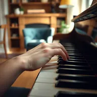 A close-up view of a right hand gracefully playing the keys of a grand piano, capturing the elegant motion of the fingers as they glide over the black and white keys, soft natural lighting illuminating the scene, emphasizing the textures of the piano's polished wood and the delicate skin of the hand, with a blurred background that hints at a cozy and inviting music room atmosphere