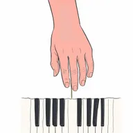 Desenho bidimensional de um mão direita aberta, vista de cima, em cima das teclas de um piano.