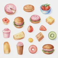 Pastel tone, watercolor-inspired food items individually portrayed against a white background.
