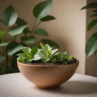 A handcrafted ceramic bowl in earth tones under soft lighting, surrounded by lush plants, in the style of a commercial photography