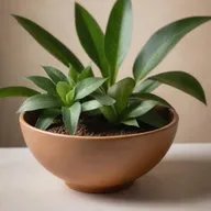 A handcrafted ceramic bowl in earth tones under soft lighting, surrounded by lush plants, in the style of a commercial photography