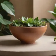 A handcrafted ceramic bowl in earth tones under soft lighting, surrounded by lush plants, in the style of a commercial photography