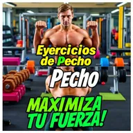 A vibrant and energetic YouTube thumbnail featuring a variety of chest exercises, with words in Spanish