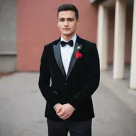 A stylish man dressed in a black velvet blazer, matching black shirt and pants, black formal shoes, sporting a black wristwatch. An artificial red flower adorns the pocket, signifying a school farewell.