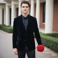 A man dressed for a school farewell, wearing a black velvet blazer over a black shirt, black pants, and matching black formal shoes. His look is embellished with an artificial red flower in his pocket and a sleek black watch.