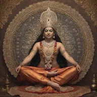 Symbolical representation of an Indian deity draped in traditional attire, seated in a divine aura with a backdrop of intricate Indian motifs.