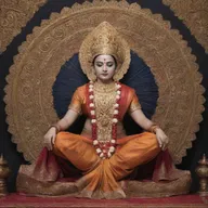 Symbolical representation of an Indian deity draped in traditional attire, seated in a divine aura with a backdrop of intricate Indian motifs.
