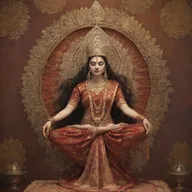 Symbolical representation of an Indian deity draped in traditional attire, seated in a divine aura with a backdrop of intricate Indian motifs.