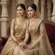 A historical representation of Indian women wearing traditional clothing of olden times, including sarees intricately draped or elaborate salwar kameez, adorned with traditional Indian gold jewelry.