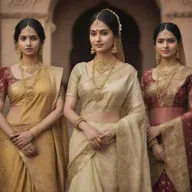 A historical representation of Indian women wearing traditional clothing of olden times, including sarees intricately draped or elaborate salwar kameez, adorned with traditional Indian gold jewelry.