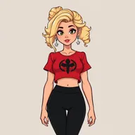 A cartoon depiction of a pretty blonde girl in her early 20s, wearing a red short-sleeved crop top featuring a black symbol on the shirt, paired with fashionable black yoga pants