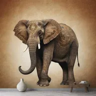 An artistic wallpaper design featuring an elegant elephant symbolizing prosperity. It should radiate with vibrant colors and intricate designs, embodying a sense of prosperity and richness.